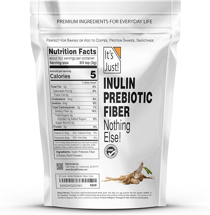 It's Just! - Inulin Prebiotic Fiber, Water Soluble, Chicory Root Powder, Promotes Gut Health, Add to Smoothies, Vegan/Keto Friendly