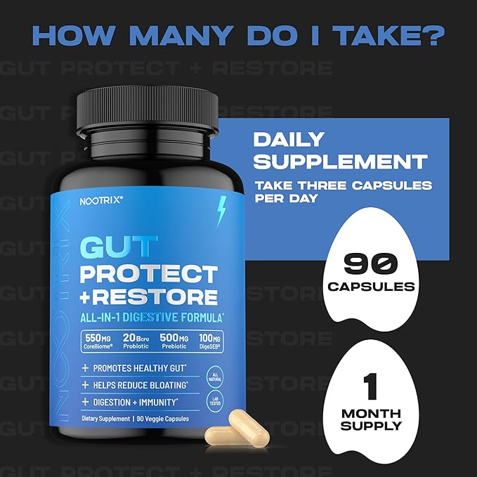 Gut Protect and Restore Supplement | Probiotics for Gut Health, Colon Cleanse & Bloating Relief | Promotes Healthy Digestion | Digestive Enzymes, Postbiotics & Prebiotics | 180 Capsules