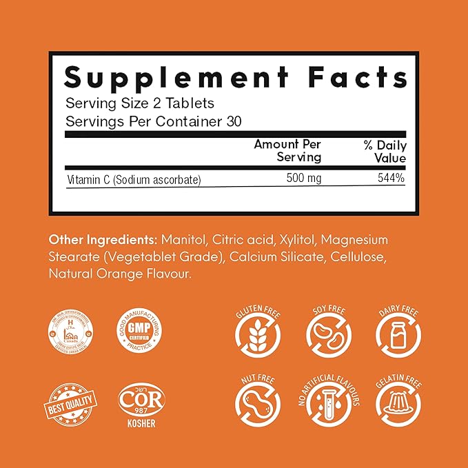 Vitamin C 250mg Tablets - Supports Immune Health, Maintains Healthy Bones & Teeth Quick Dissolving Tablets for Vitamin Deficiency – Orange Flavor (60 Vitamin C Tablets)