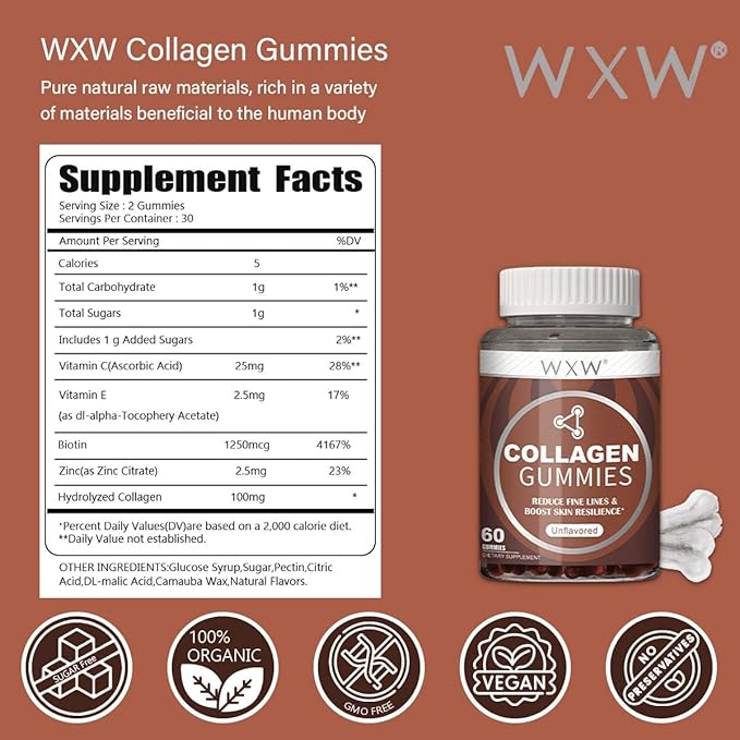 WXW Collagen Gummies - Unflavored - Type 1 & 3 Collagen Peptides for Women with Biotin, Vitamin C, E for Hair Skin and Nails & Joint Support - 60 Count