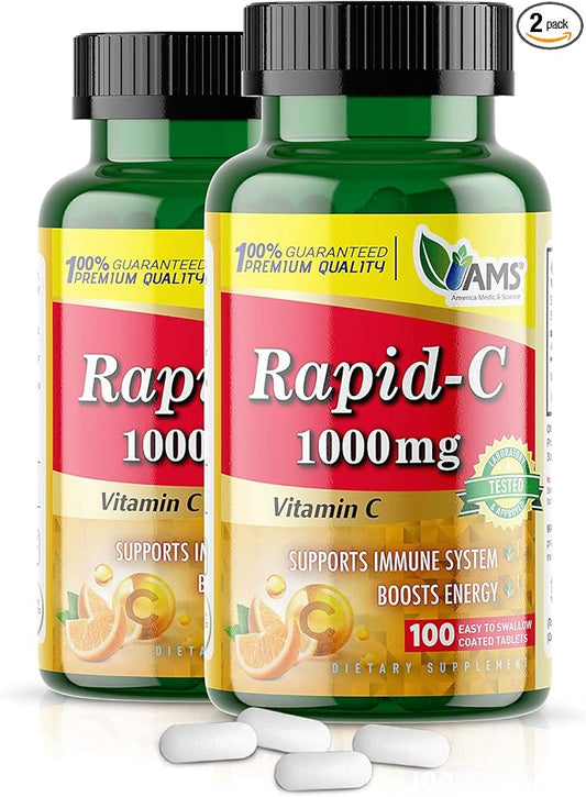 America Medic & Science Rapid-C 1000mg Vitamin C Supplement (2 Pack of 100 Tablets) Energy Booster, Daily Immune System Support, Antioxidant | Vegan, Non-GMO Coated Ascorbic Acid for Adult Men & Women