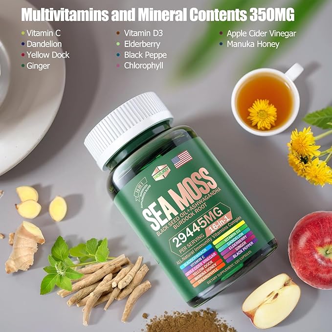 Sea Moss 12000mg Black Seed Oil 6000mg Ashwagandha 3000mg Turmeric 1000mg Bladderwrack 2000mg Burdock 3000mg & Vitamin C & D3 with Elderberry Manuka Dandelion Yellow Dock Iodine Chlorophyll ACV