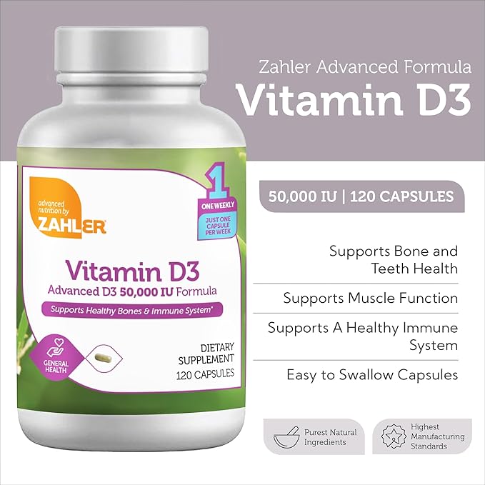 Zahler - Advanced Vitamin D3 50000 IU capsules (120 Count) Kosher Vegetarian Friendly Vitamin D for Immune Support, Bone, Teeth & Muscle Health - Weekly D3 Vitamin Supplement- Easy Swallow Vitamin D3.