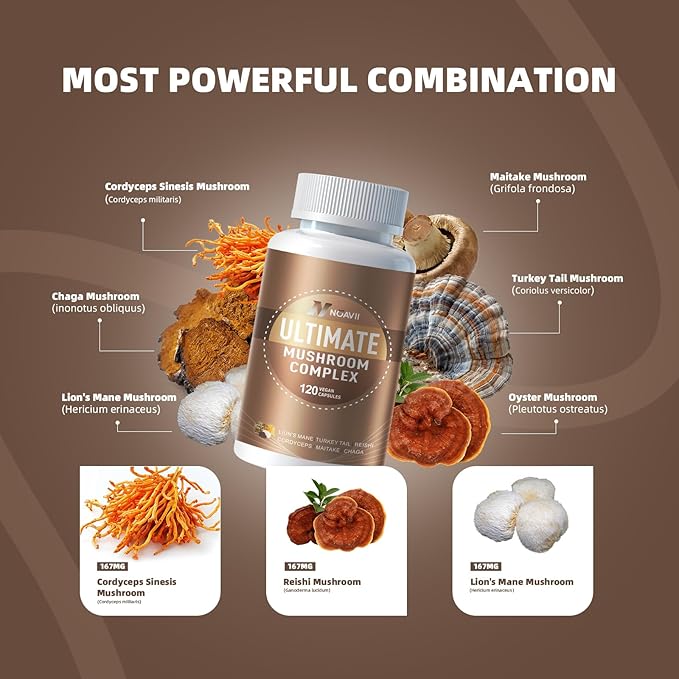 Mushroom Complex Supplement 2600mg, 120 Capsules - 10 Mushrooms Blend - Reishi, Lions Mane, Cordyceps, Chaga, Turkey Tail, Maitake, Shiitake, Oyster Nootropic Complex - Brain, Energy, Focus Pills