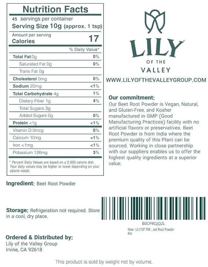 LILY OF THE VALLEY Beet Root Powder - Plant-Based Superfood Powder for Cooking, Baking & Smoothies - Natural Nitric Oxide Source - Vegan & Gluten-Free - Packed in Resealable Pouch (8oz, 226g)