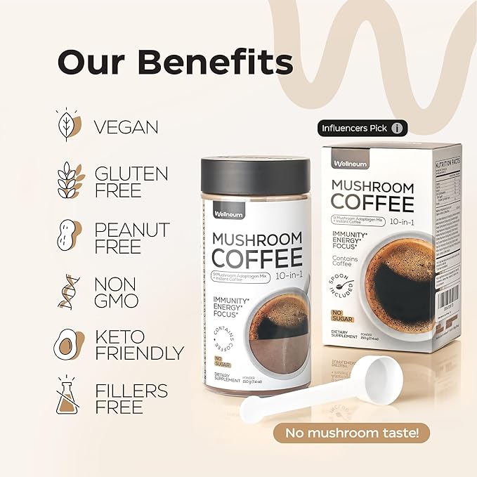 Mushroom Coffee - 10-in-1 Mushroom Superfood Adaptogen Mix - Organic Lion's Mane, Chaga, Turkey Tail, Reishi, Instant Coffee - for Gut Health, Immunity, Energy, Focus - Sugar Free - 7,4 oz (35 Serv)