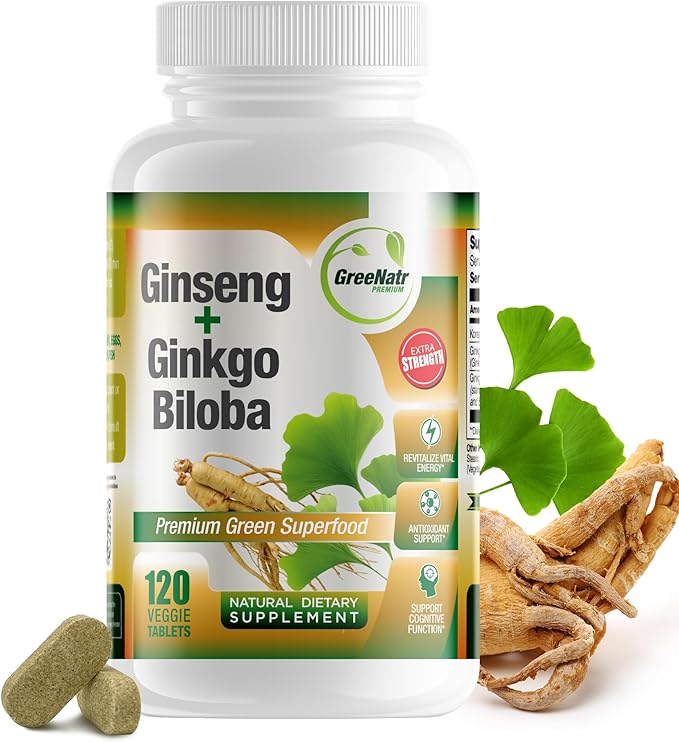 Ginko Biloba & Panax Ginseng Supplement - Red Ginseng Brain Supplement for Memory and Focus - Ginkgo Biloba Supplements for Good Vision, Immune System and Improved Blood Flow - 120 Tablets