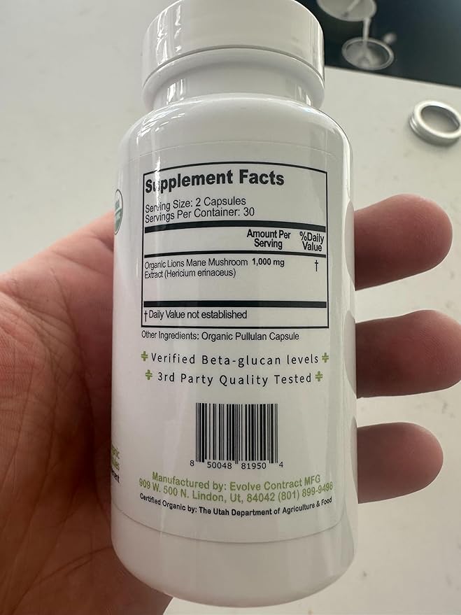 Organic Lion's Mane Mushroom Capsules | 1000mg Lions Mane Powder Extract Supplement | Dietary Herbal Supports for Focus, Memory, Digestion & Immune Health | Gluten, Soy, Milk-Free | 60 Capsules