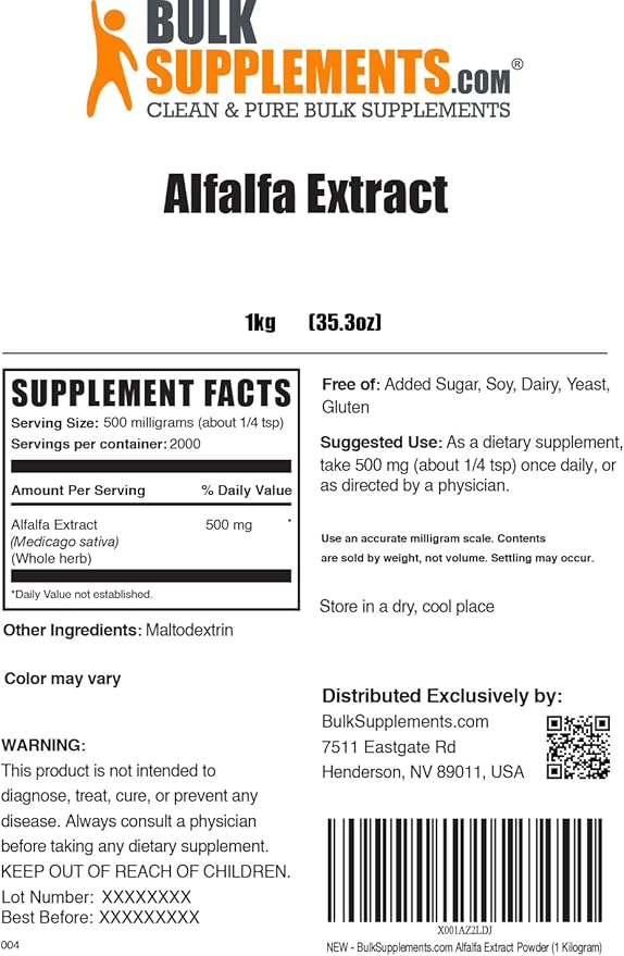 BulkSupplements.com Alfalfa Extract Powder - Greens Supplements - Green Superfood Powder - Breastfeeding Supplements - Alfalfa Powder (1 Kilogram)