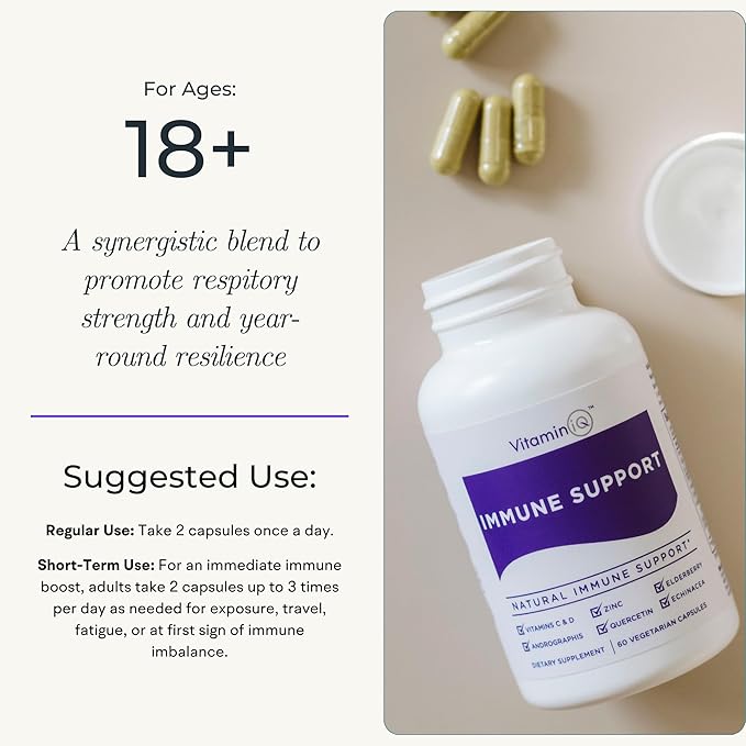 Immune Support Supplement with Vitamin C and Zinc, Sambucus Elderberry, Vitamin D3, Glutathione, Echinacea Capsules - Natural Immune Booster Herbal Supplements - Vegan, Gluten-Free (60ct)