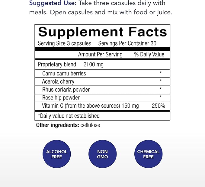 Physician's Strength Power-C - 90 Capsules - Raw Food Vitamin C + Flavonoids from Camu Camu, Acerola Cherry, Rhus coriaria & Rose Hip - Kosher - 30 Servings