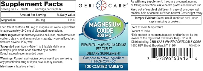 GeriCare Magnesium Oxide Supplement 240 mg, Elemental Magnesium, 120 Coated Tablets, Essential Mineral Support, Promotes Vascular Health, Bone Strength, and Muscle Function (Pack of 3)