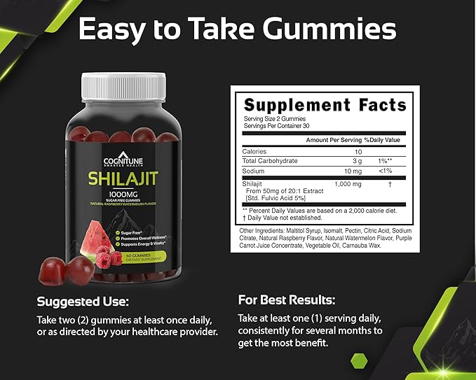 Shilajit Gummies - Pure & Potent Shilajit Supplement, 1,000mg per Serving, Sugar-Free Natural Raspberry Watermelon Flavor, Rich in Minerals, Fulvic Acid, Boost Energy, Vitality & Overall Wellness