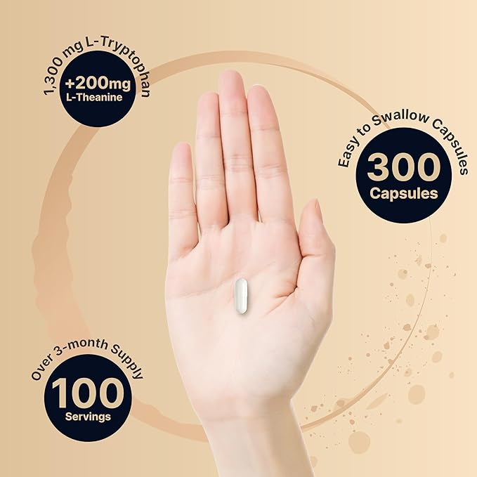 NatureBell L Tryptophan 1300mg with L Theanine 200mg, 300 Capsules | Active Free Form, Plant Based Supplement – Calm Formula, Supports Relaxation – Non-GMO & No Gluten