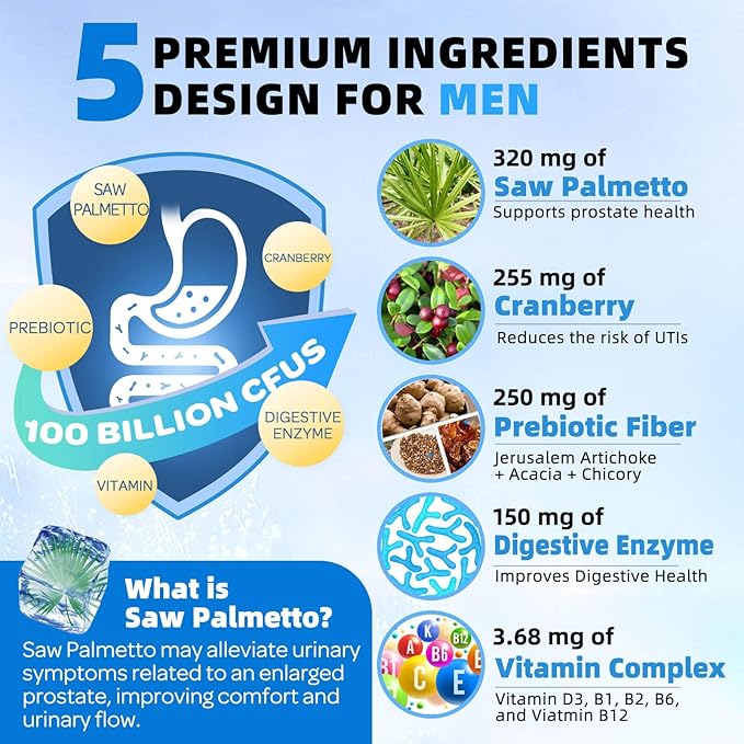 ZEBORA Probiotics-for-Men 100 Billion CFU, Men's Probiotics for Gut Health, Prebiotics + Enzymes + Saw Palmetto + Cranberry, Daily Probiotic Supplement for Digestive Health, Prostate, 89 Caps