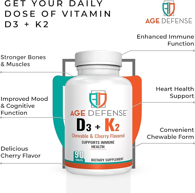 Vitamin D3 2000 IU with K2-90 Chewable Tablets with Cherry Flavoring-Natural Energy Booster-Supports Vitality, Immune Health, & Overall Wellness-Vitamin D3 with Vitamin K2 for Men & Women