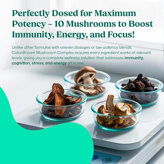 ColonBroom Mushroom Complex, Powerful Mushroom Blend with Cordyceps, Reishi, Shiitake, Lion’s Mane Extract for Energy, Immunity, Stress Relief & Cognitive Health - 2 x 60 Capsules, 60 Day Supply