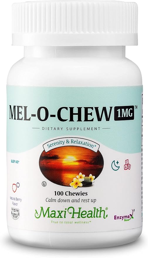 Maxi Health Chewable Melatonin, Kosher Berry Flavor, 1mg Melatonin for Adults or Teens, Natural Aid for Adults, Melatonin Chewables Alternative to Melatonin Gummies Higher 1 mg Dose (100 Count)
