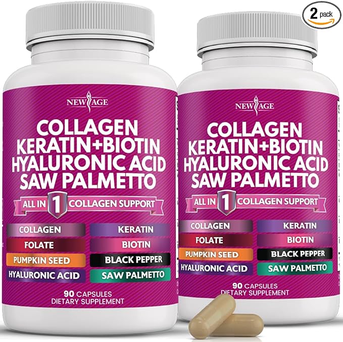 NEW AGE Collagen Pills Biotin Keratin Saw Palmetto Hyaluronic Acid - Vitamin E Folic Acid Pumpkin Seed MSM - 90 Count (Pack of 2)