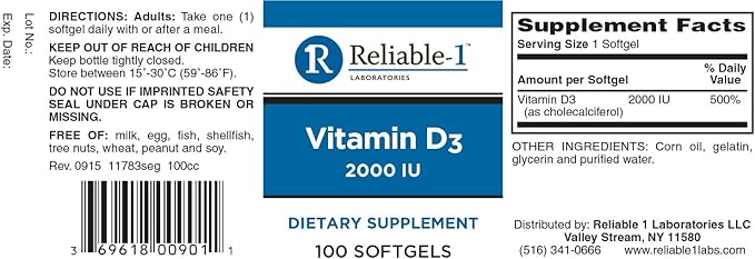 Reliable 1 Laboratories Vitamin D3 2000 Iu Softgels, 100 Count