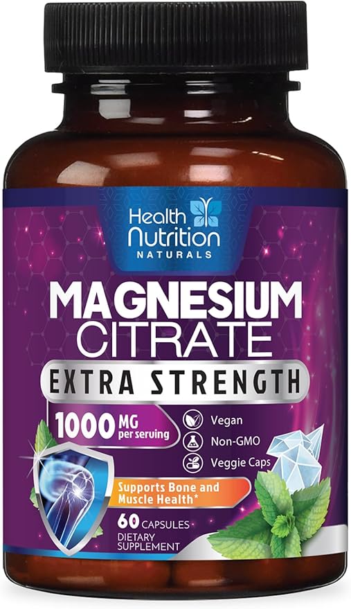 Magnesium Citrate Capsules 1000mg - Max Absorption Magnesium Powder for Muscle, Nerve, Bone and Heart Health Support, High Absorption Citrate Complex, Gluten Free, Non-GMO - 60 Capsules