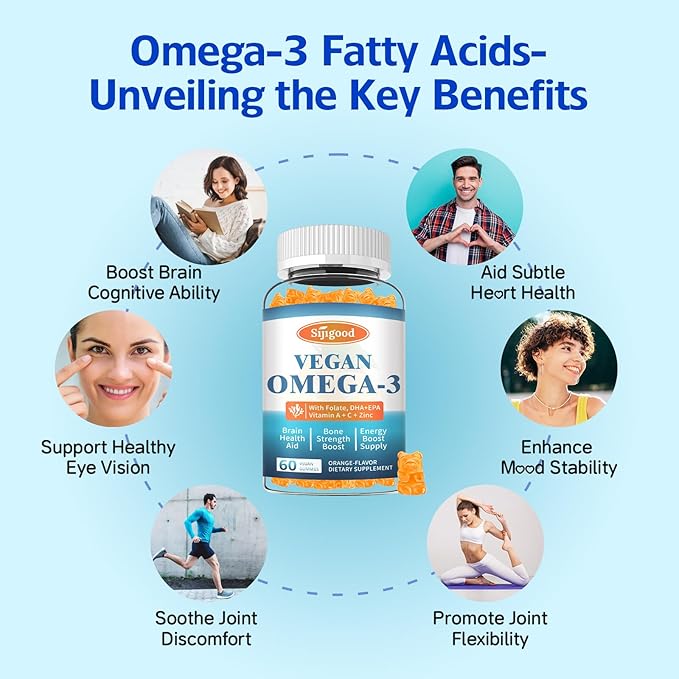 2 Pack Omega-3 Gummies Potent Algae Omega Source, Boost Brain, Eye & Immune Function, with DHA and EPA Vegan & Sugar Free, Orange Flavor, 120 Count