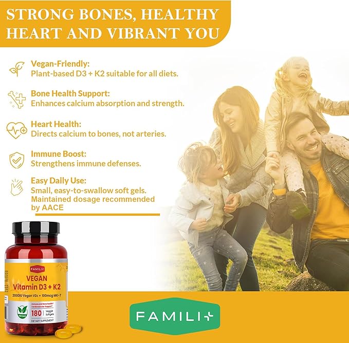 180 Days Vegan Vitamin D3+K2 Softgel with Coconut MCT Oil | 2000IU Plant Source Vitamin D3 + 100 mcg Vitamin K2 MK-7 | for Bone, Muscel, Immune, Teeth & Heart Health | 100% Vegan no-Gelatin