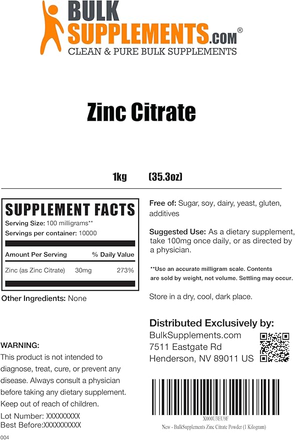 BulkSupplements.com Zinc Citrate Powder - Zinc Supplements, Zinc 30mg, Zinc Powder - Pure Zinc Citrate, for Immune Support - Gluten Free, 100mg per Serving, 5kg (11 lbs)