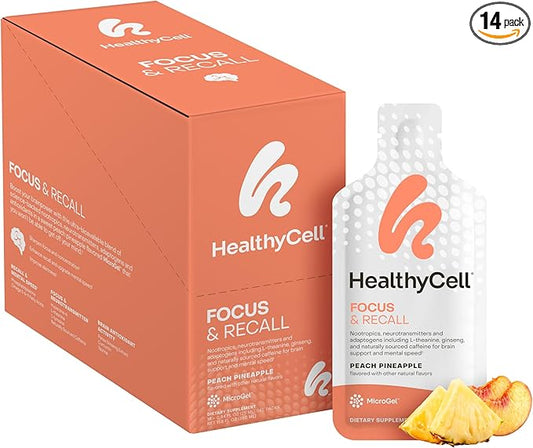 Healthycell Focus & Recall, Daily Liquid Brain Supplement for Focus & Memory - Nootropics Supplement for Concentration & Alertness with L-Theanine, Omega-3 & Taurine - 14 Gel Packs