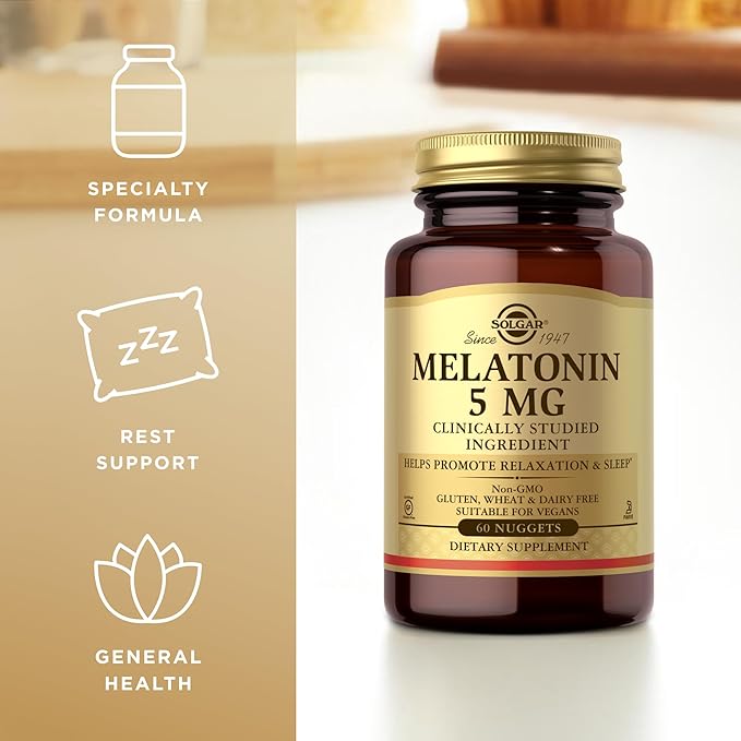 Solgar Melatonin 5 mg - 60 Nuggets - Helps Promote Relaxation & Rest - Non-GMO, Vegan, Gluten Free, Dairy Free, Kosher - 60 Servings