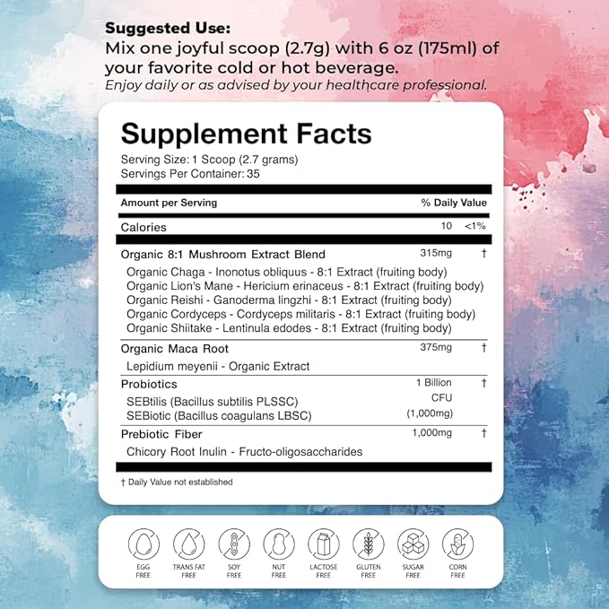 JOYBRÜ Ultra Potent Mushroom Powder Blend, 8:1 Concentrated Extract, Reishi, Chaga, Shiitake, Lion's Mane, Cordyceps, Maca, Probiotics, 3.35oz