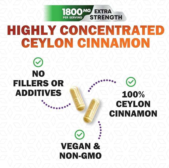 Organic Ceylon Cinnamon Supplement 1800mg - Certified Organic Ceylon Cinnamon Powder Pills - Energy & Heart Support for Women & Men, Bottled in USA, Antioxidant, Gluten Free, Non-GMO - 60 Capsules