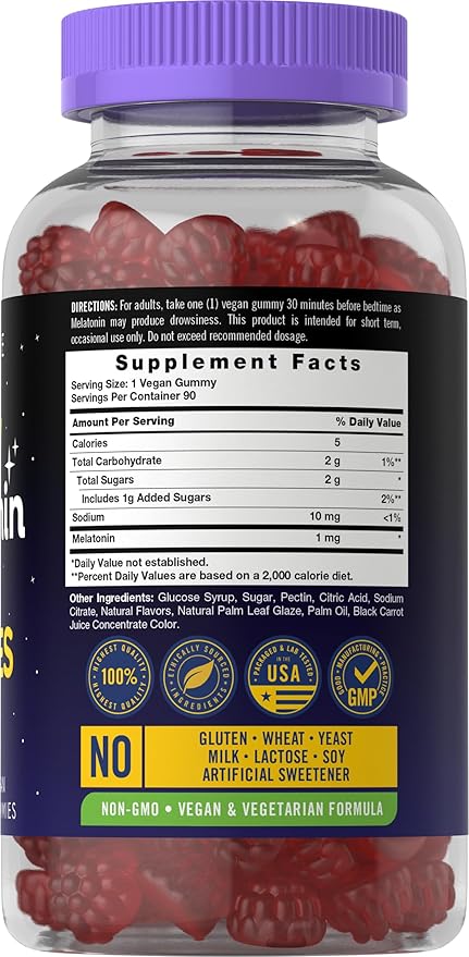 Carlyle Melatonin 1mg Gummies | 90 Count | Fruit Flavor Gummy Supplement | Vegan, Non-GMO, Gluten Free