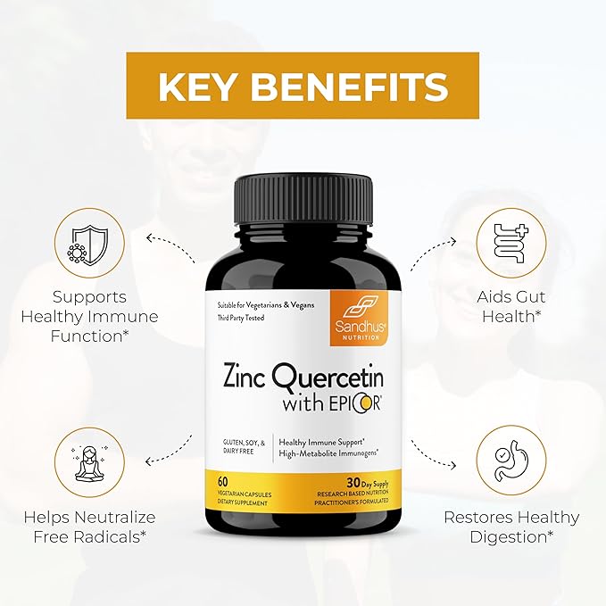Sandhu’s Zinc Quercetin with EpiCor 60 Vegetarian Capsules - Gluten-Free Zinc Supplement - High Potency Immune Support