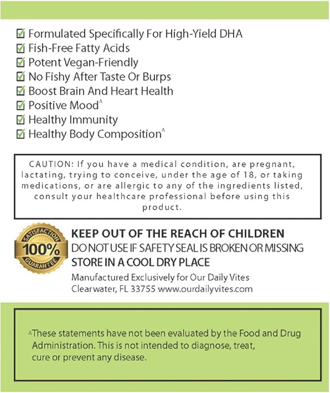Our Daily Vites Vegan Omega-3 Supplement - Marine Algal Source for DHA & EPA Fatty Acids - Plant-Based Fish Oil Alternative - Carrageenan Free Softgels for Eye Health & Optimal Wellness