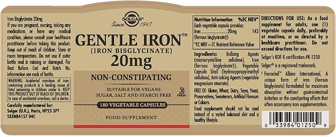 Solgar Gentle Iron - Ideal for Sensitive StomachsRed Blood Cell Supplement, , Non Constipating & GMO, Vegan, Gluten & Dairy Free, Kosher - 180 Servings, Unflavored, 180 Count