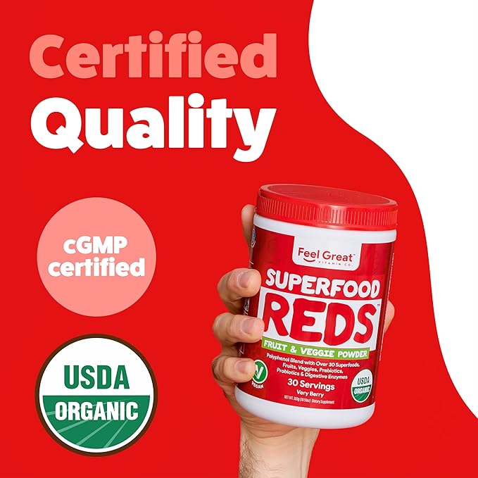 Feel Great Organic Superfood Reds Powder Packed with Beet Root Powder | Digestive Support Including Bloating Relief | Fruit and Veggie Polyphenols Supplement.
