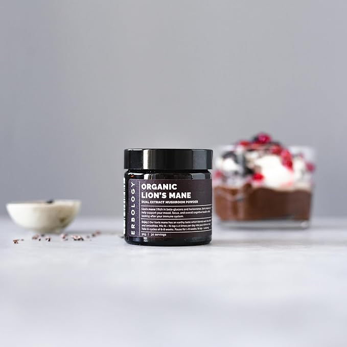 Erbology Organic Lion’s Mane Dual Extract Powder 30 Servings - 30% Beta-glucans and Erinacine A 1.6mg/g - Calm and Focus - Hericium Erinaceus - Sustainably Grown in Europe - Vegan - No Added Fillers