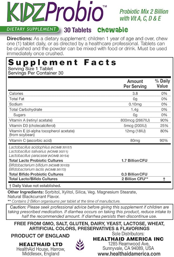 KidzProbio Chewable 30 CT Once Daily with Vitamin A, C, D+E, Probiotic Mix, 2 Billion CFU, 5 Selected Strains, Blackcurrant Flavor, Acid & Bile Resistant, Dairy Free, Vegetarian