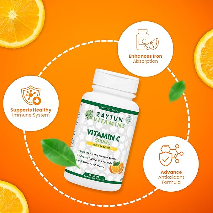 Halal Vitamin C 500mg Tablets with Rose HIPS Supports Immune System, Natural Antioxidant with Citrus Bioflavonoids - Vegan - Gluten-Free - 2 Months Supply - Halal Vitamins