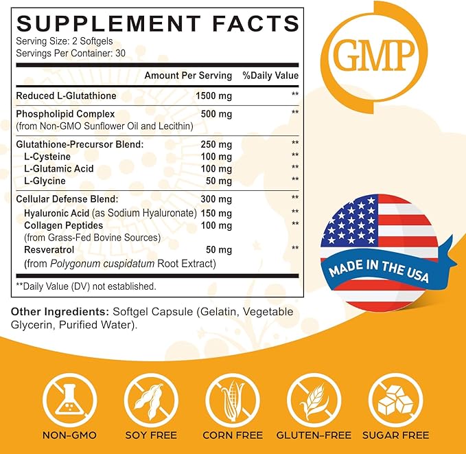 Liposomal Glutathione – High Potency, Glutathione Supplement, with Hyaluronic Acid, Collagen Peptides, and Resveratrol, Ultimate Antioxidant - Energy, Skin & Detox, 120 Softgels