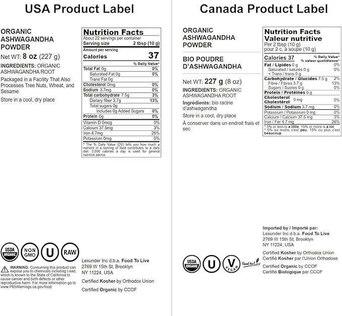 Food to Live Organic Ashwagandha Root Powder, 8 Ounces - Non-GMO, Finely Ground Indian Ginseng, Pure, Raw, Vegan. Easy to Mix. Adaptogenic Herb.