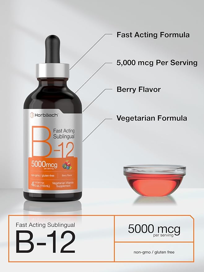 Horbaach B-12 | 5000mcg | 4oz | Berry Flavor Fast-Acting Sublingual Liquid Vitamin B12 | Vegetarian, Non-GMO & Gluten Free Formula