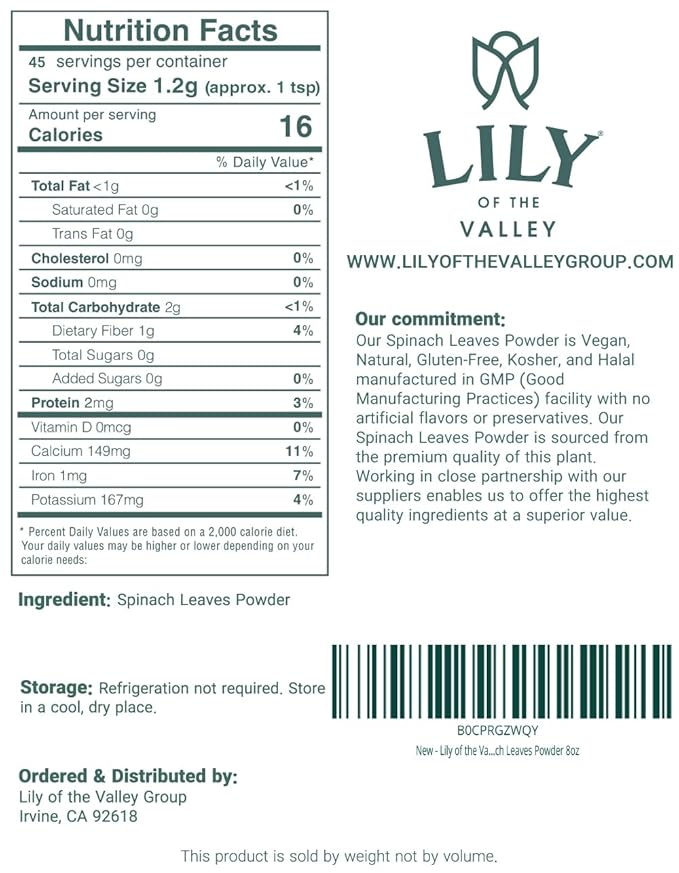 Lily of the Valley Spinach Powder - Green Superfood Powder for Juice, Smoothies, Soups, Baked Dishes & Recipes - Vegan & Gluten-Free - Packed in Resealable Pouch (16oz, 453g)