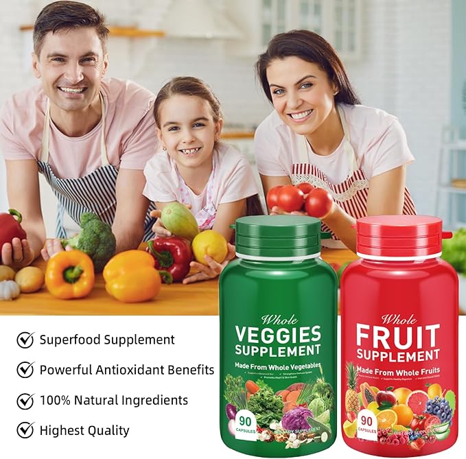 Fruits and Vegetables Supplements,Fruit and Veggies Supplement -90 Fruit & 90 Vegetables High Fiber Supplement for Immunity, Gut & Energy, Superfood Formula, Vegan
