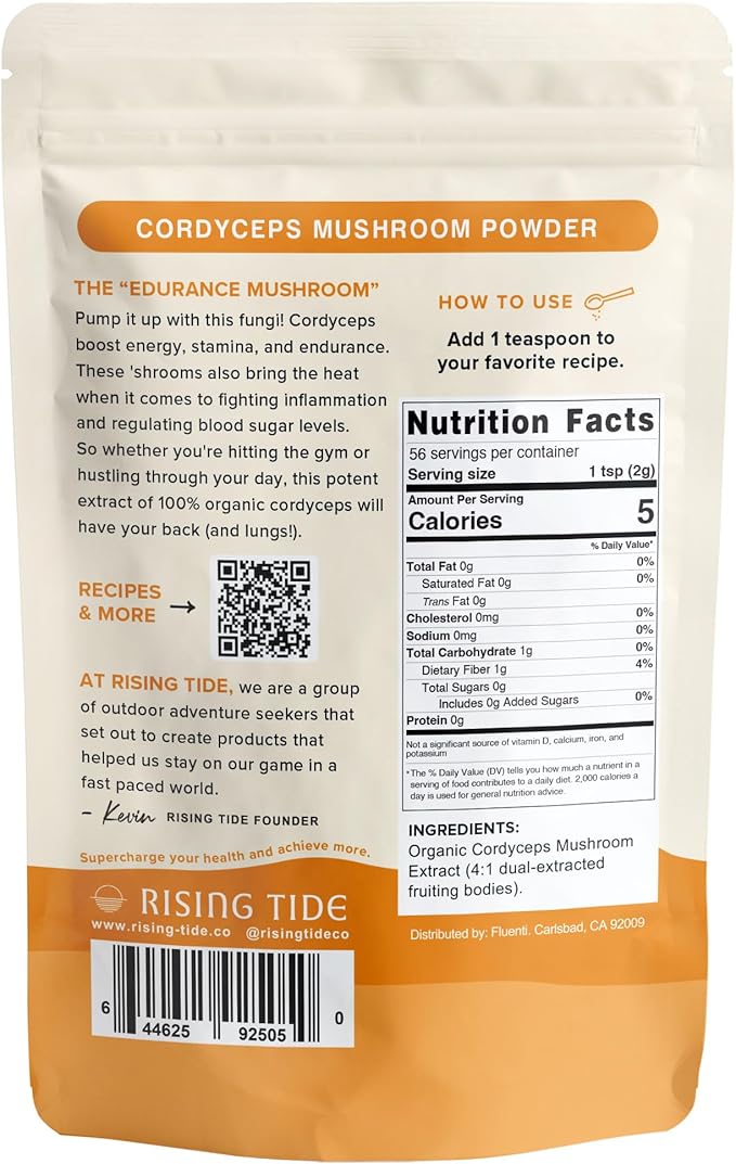 Rising Tide Organic Cordyceps Mushroom Powder - Highly Concentrated Cordyceps Extract Powder to Boost Energy, Stamina, and Athletic Performance - 4 OZ Vegan, Non-GMO