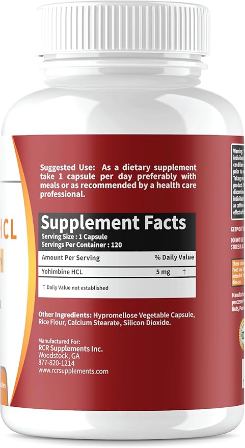 Yohimbine HCL Bark Extract Extra Strength Supplement 5mg x 120ct Capsules Premium Fat Burner, Weight Loss, Appetite Control, Male Support, Energy, and More