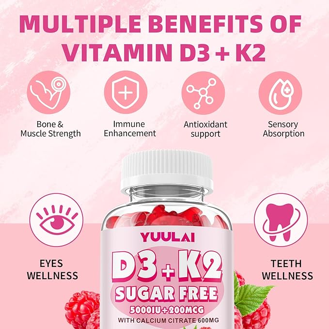 Vitamin D3 K2 Gummies, D3 Vitamin 5,000 IU + K2 200mcg - Vegan K2 D3 Vitamin Supplement, Highly Absorbent Supports Bone, Muscle, Immune, Raspberry, 60 Count