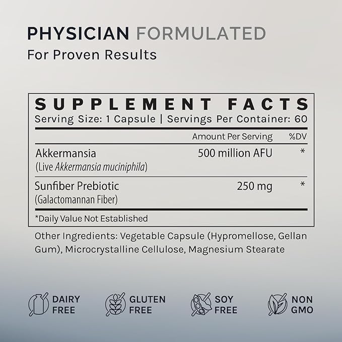Akkermansia Muciniphila, 60 Capsules (60 Day Supply), Gut Health Support for Women & Men, Probiotic with Prebiotic Fiber, Increases GLP-1 Production, Delayed Release, 500M AFU Live Strain