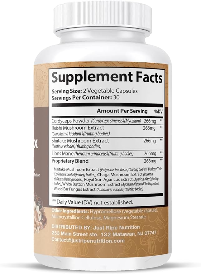 Mushroom Ultra Complex - Reishi, Cordyceps, Lions Mane & Shiitake - Immune System Booster & Nootropic Brain Supplement - Enhance Memory and Focus - Stress Relief - 60 Capsules